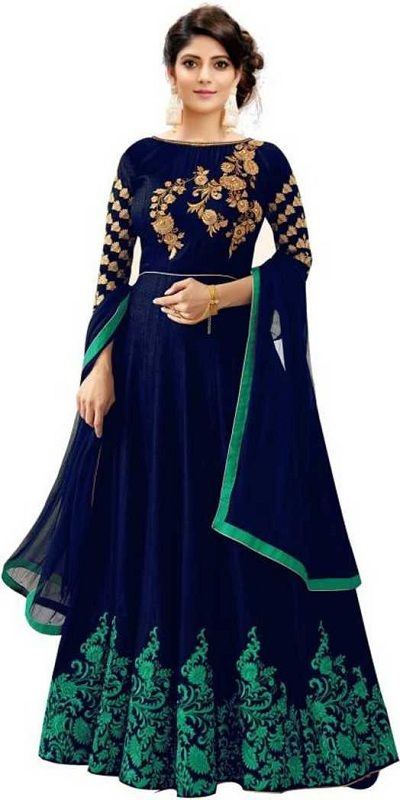 Embroidered banlory silk Semi Stitched Anarkali Gown  (Blue)